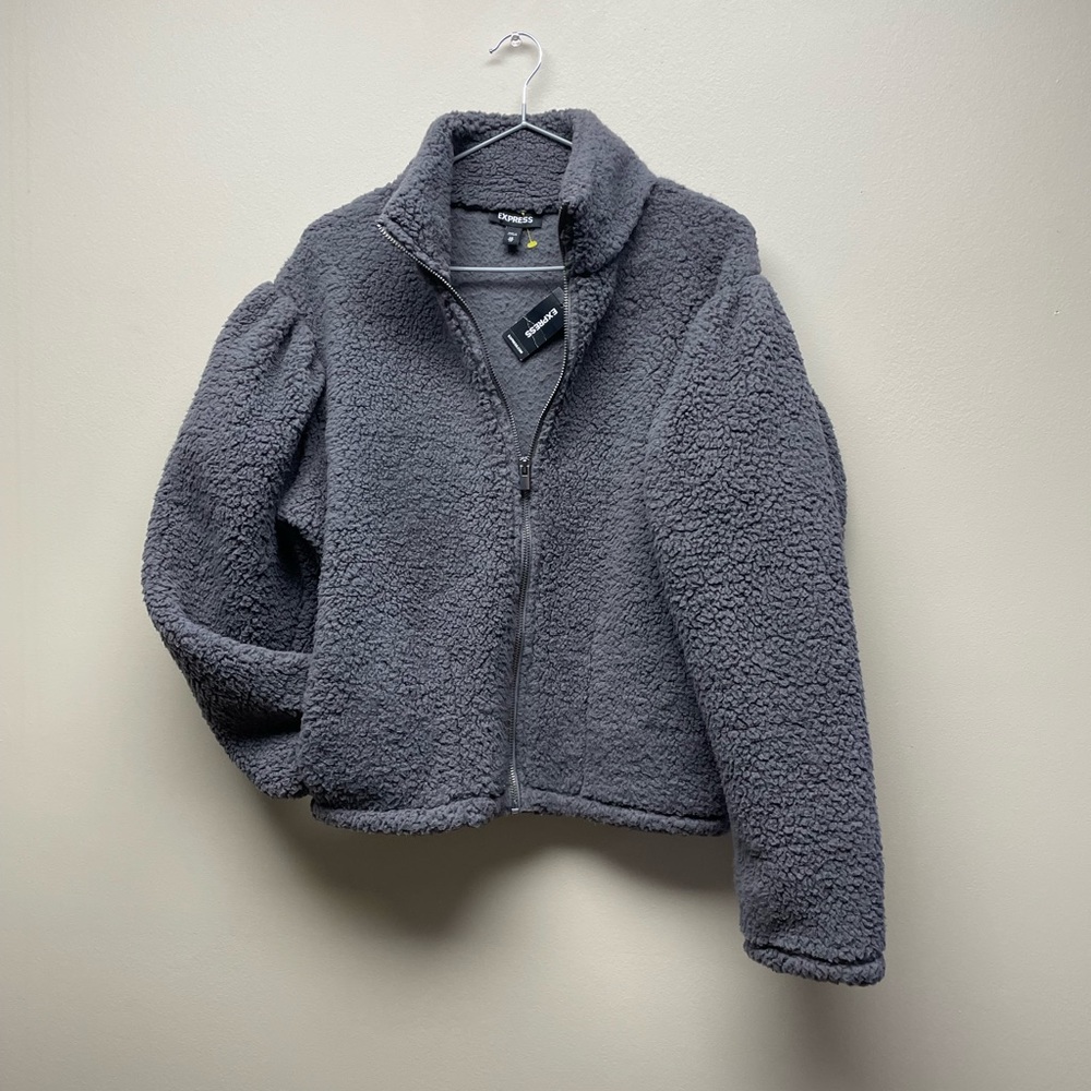 Express XS Sherpa Fleece grey zip up with puffer sleeves